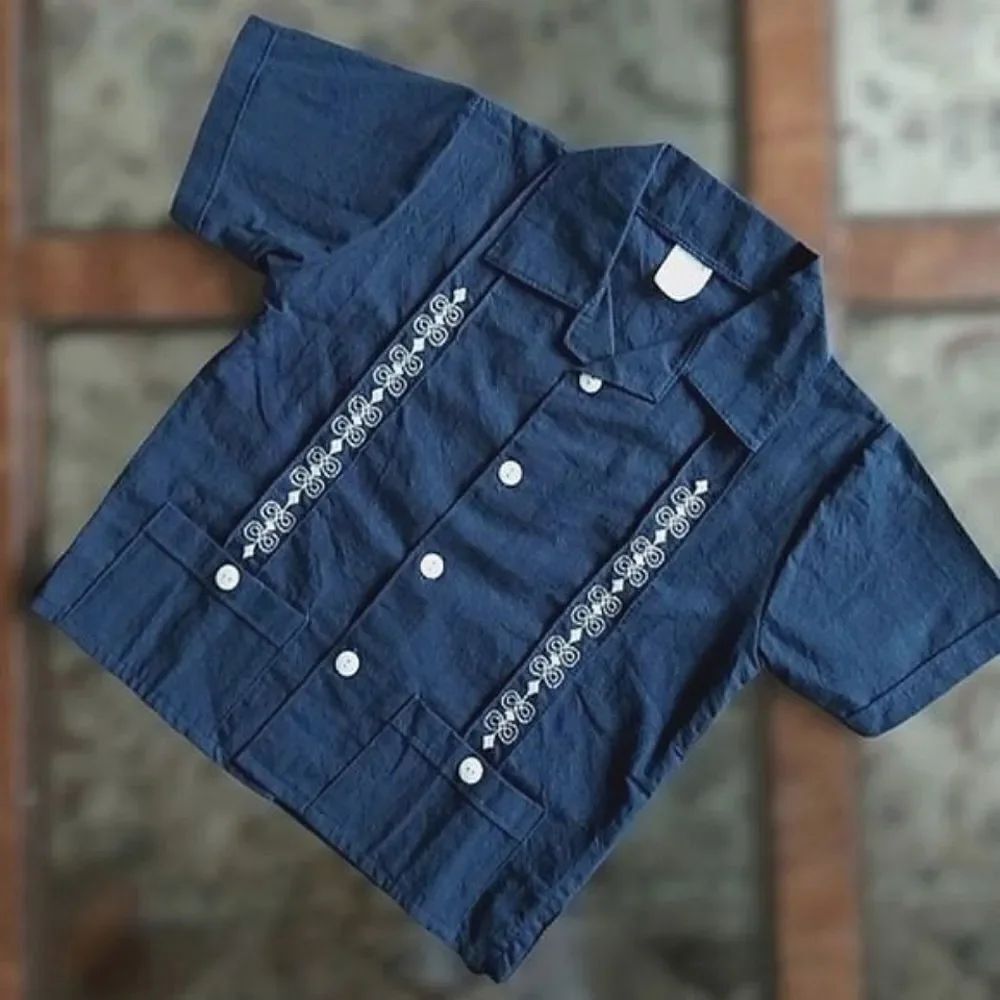 Kid's navy short sleeve Mexican guayabera shirt